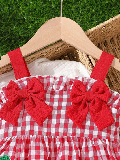 2pcs Baby Girls' Cute White And Red Plaid Bow Strawberry Decor Sleeveless Romper,Summer Family Matching Outfits For Casual Trips,Parties,Photo Shoots