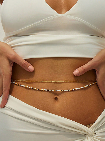2Pcs Boho Beaded Waist Chain Set, Minimalist Gold & Multicolor Bead Belly Chain, Women Summer Beach Body Jewelry