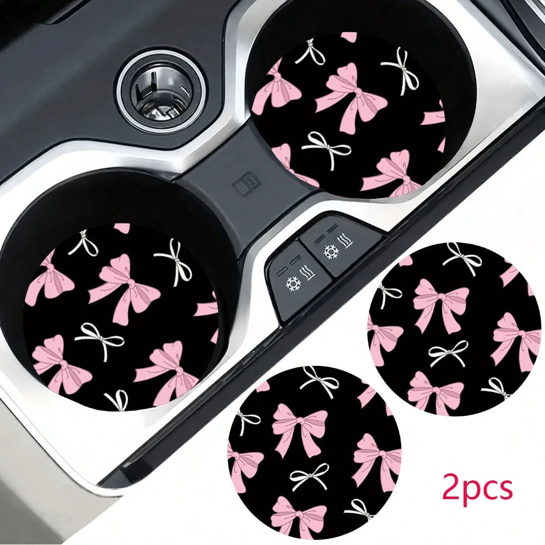 2pcs Bowknot Leopard Print Car Cup Holder Coasters, Non-Slip Shock-Absorbing Universal Fashion Car Cup Coasters, Interior Accessories, Party Gift
