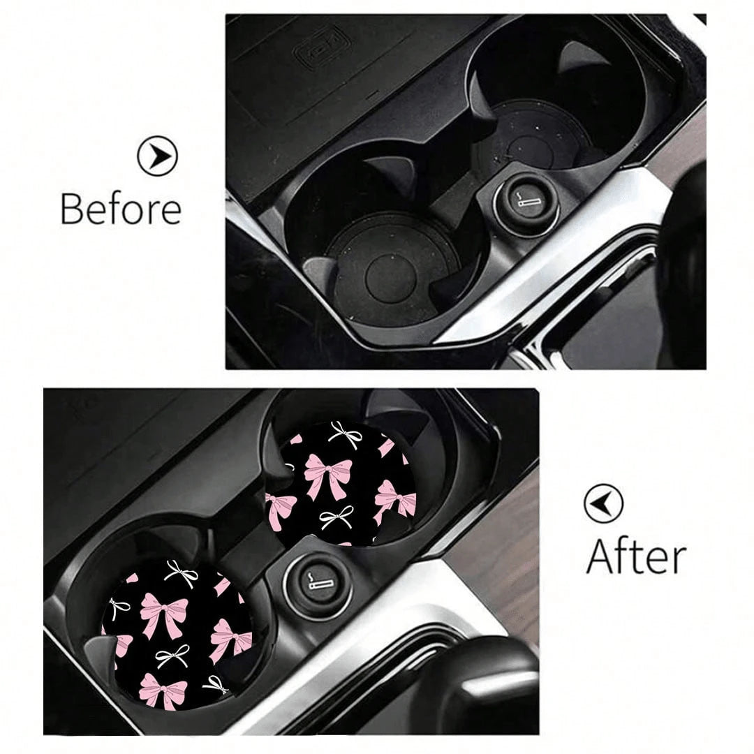 2pcs Bowknot Leopard Print Car Cup Holder Coasters, Non-Slip Shock-Absorbing Universal Fashion Car Cup Coasters, Interior Accessories, Party Gift