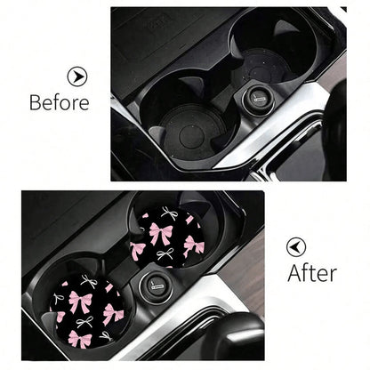 2pcs Bowknot Leopard Print Car Cup Holder Coasters, Non-Slip Shock-Absorbing Universal Fashion Car Cup Coasters, Interior Accessories, Party Gift