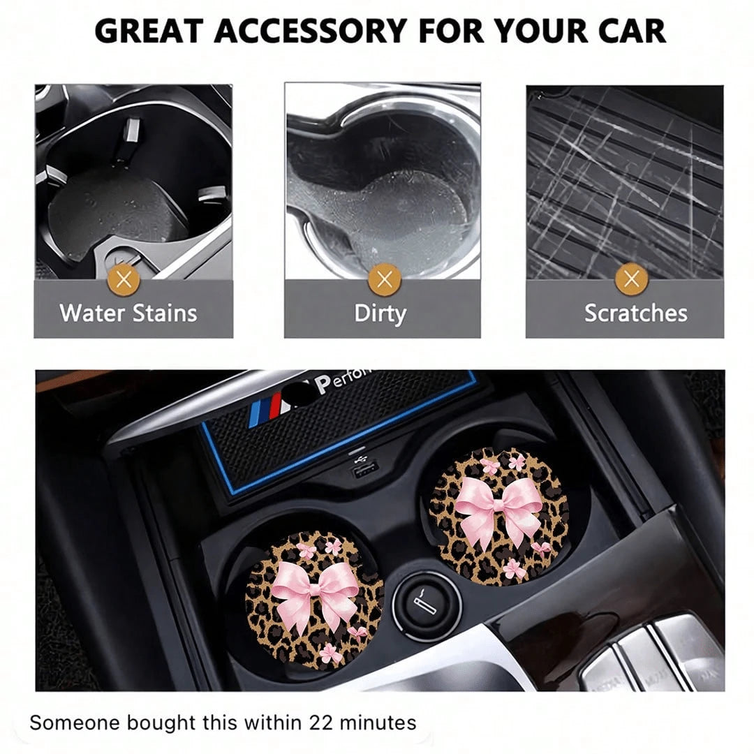 2pcs Bowknot Leopard Print Car Cup Holder Coasters, Non-Slip Shock-Absorbing Universal Fashion Car Cup Coasters, Interior Accessories, Party Gift