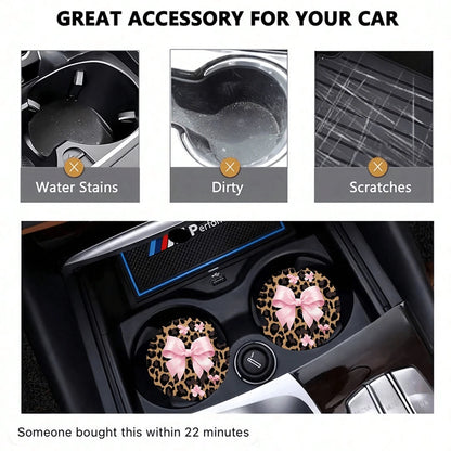 2pcs Bowknot Leopard Print Car Cup Holder Coasters, Non-Slip Shock-Absorbing Universal Fashion Car Cup Coasters, Interior Accessories, Party Gift