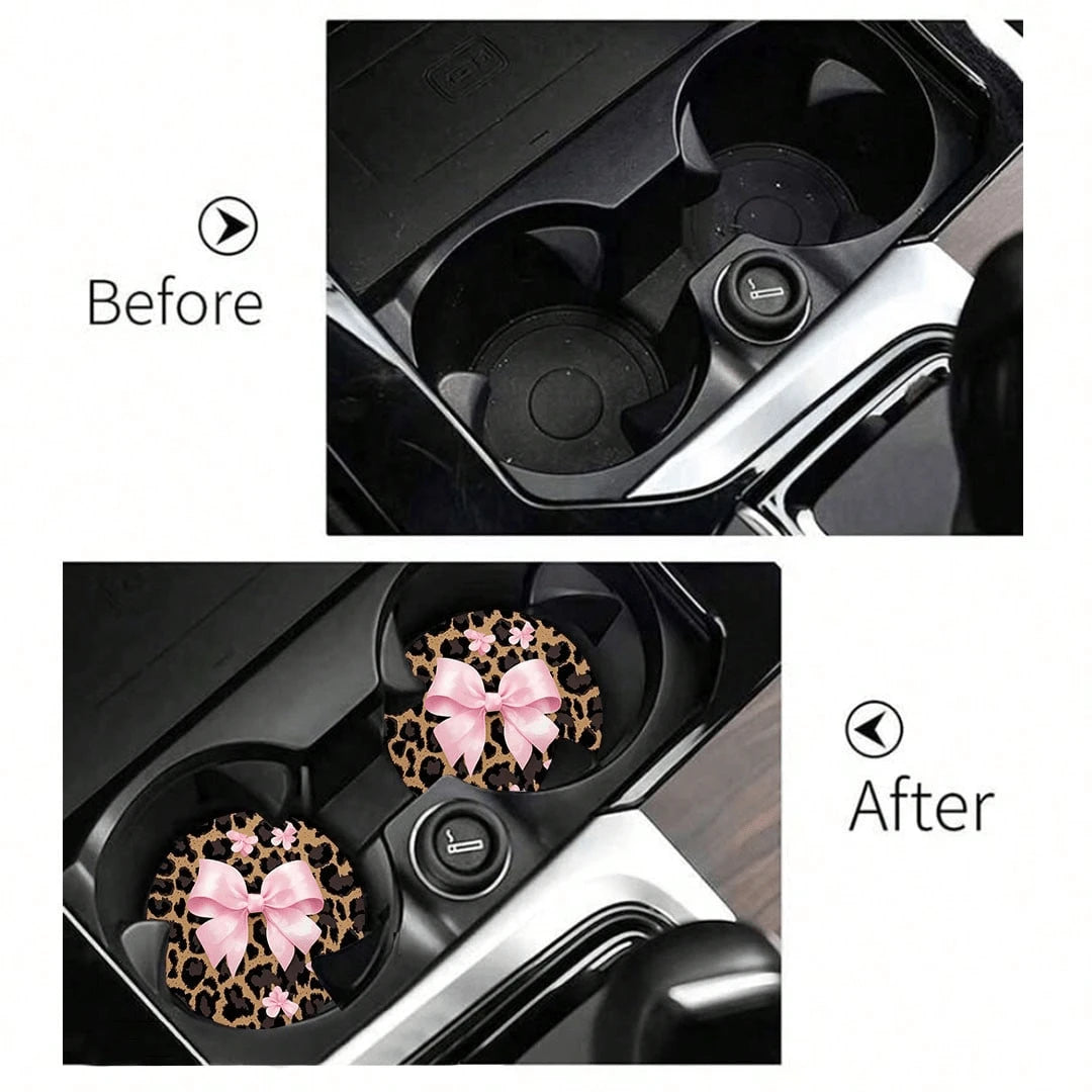 2pcs Bowknot Leopard Print Car Cup Holder Coasters, Non-Slip Shock-Absorbing Universal Fashion Car Cup Coasters, Interior Accessories, Party Gift