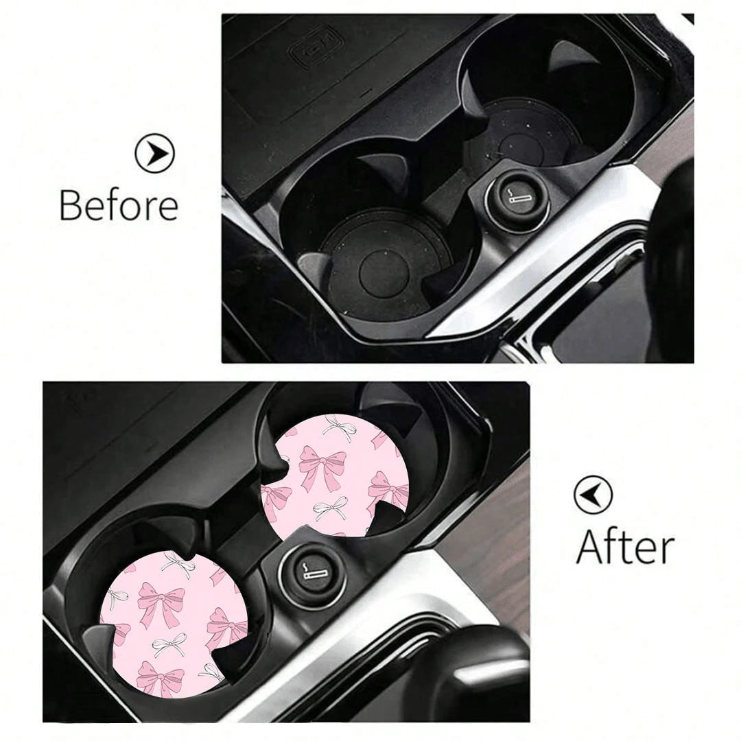 2pcs Bowknot Leopard Print Car Cup Holder Coasters, Non-Slip Shock-Absorbing Universal Fashion Car Cup Coasters, Interior Accessories, Party Gift