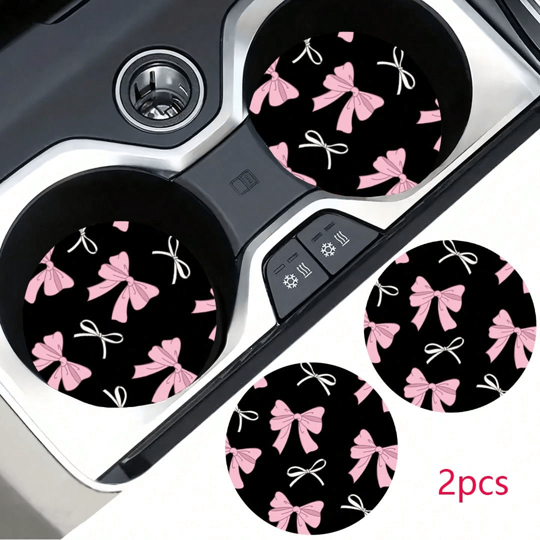2pcs Bowknot Leopard Print Car Cup Holder Coasters, Non-Slip Shock-Absorbing Universal Fashion Car Cup Coasters, Interior Accessories, Party Gift