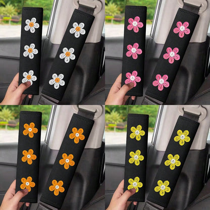 2pcs Car Belt Shoulder Pads, Flower Embroidered Shoulder Protector Covers, Unisex Car Seat Belt Cushions, Soft Breathable Belt Covers, Essential Summer Car Interior Accessories