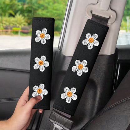 2pcs Car Belt Shoulder Pads, Flower Embroidered Shoulder Protector Covers, Unisex Car Seat Belt Cushions, Soft Breathable Belt Covers, Essential Summer Car Interior Accessories