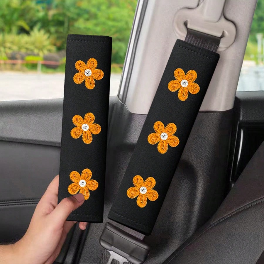 2pcs Car Belt Shoulder Pads, Flower Embroidered Shoulder Protector Covers, Unisex Car Seat Belt Cushions, Soft Breathable Belt Covers, Essential Summer Car Interior Accessories