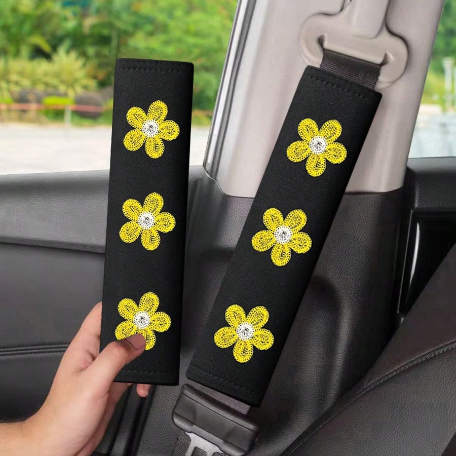 2pcs Car Belt Shoulder Pads, Flower Embroidered Shoulder Protector Covers, Unisex Car Seat Belt Cushions, Soft Breathable Belt Covers, Essential Summer Car Interior Accessories