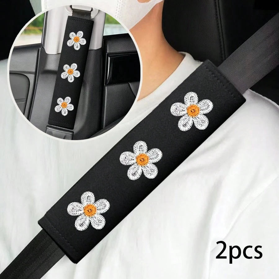 2pcs Car Belt Shoulder Pads, Flower Embroidered Shoulder Protector Covers, Unisex Car Seat Belt Cushions, Soft Breathable Belt Covers, Essential Summer Car Interior Accessories