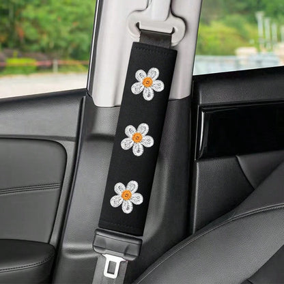 2pcs Car Belt Shoulder Pads, Flower Embroidered Shoulder Protector Covers, Unisex Car Seat Belt Cushions, Soft Breathable Belt Covers, Essential Summer Car Interior Accessories