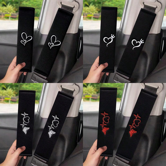 2pcs Car Embroidered Shoulder Pads, Safety Belt Shoulder Covers, Comfortable For Driver And Passenger All Season, Durable Safety Belt Accessories, Suitable For Valentine's Day Gift, Car Interior Acces