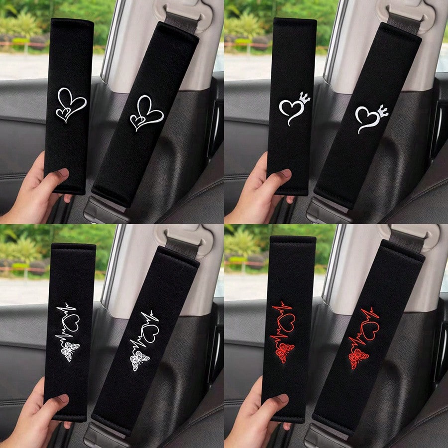 2pcs Car Embroidered Shoulder Pads, Safety Belt Shoulder Covers, Comfortable For Driver And Passenger All Season, Durable Safety Belt Accessories, Suitable For Valentine's Day Gift, Car Interior Acces