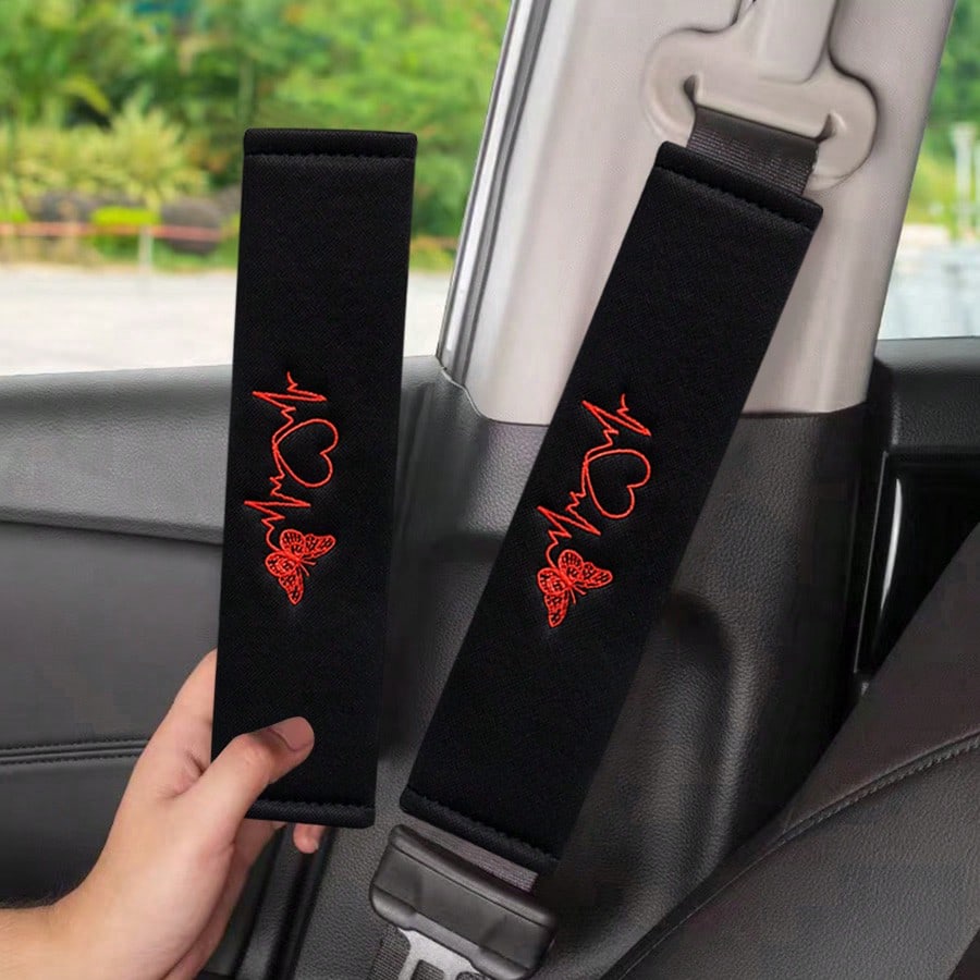 2pcs Car Embroidered Shoulder Pads, Safety Belt Shoulder Covers, Comfortable For Driver And Passenger All Season, Durable Safety Belt Accessories, Suitable For Valentine's Day Gift, Car Interior Acces