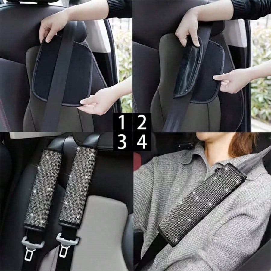 2pcs Car Seat Belt Shoulder Pads, Luxury Shiny Rhinestone Leather Material, Soft Shoulder Protection To Relieve Pressure, Universal Fit For All Car Models, Decorative And Protective Car Accessories
