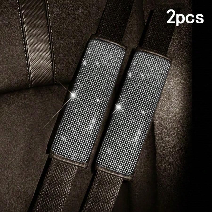 2pcs Car Seat Belt Shoulder Pads, Luxury Shiny Rhinestone Leather Material, Soft Shoulder Protection To Relieve Pressure, Universal Fit For All Car Models, Decorative And Protective Car Accessories