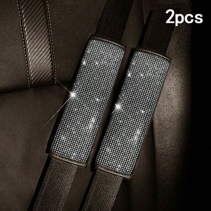 2pcs Car Seat Belt Shoulder Pads, Luxury Shiny Rhinestone Leather Material, Soft Shoulder Protection To Relieve Pressure, Universal Fit For All Car Models, Decorative And Protective Car Accessories