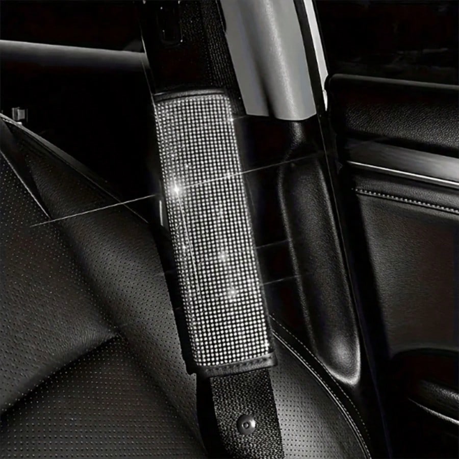 2pcs Car Seat Belt Shoulder Pads, Luxury Shiny Rhinestone Leather Material, Soft Shoulder Protection To Relieve Pressure, Universal Fit For All Car Models, Decorative And Protective Car Accessories