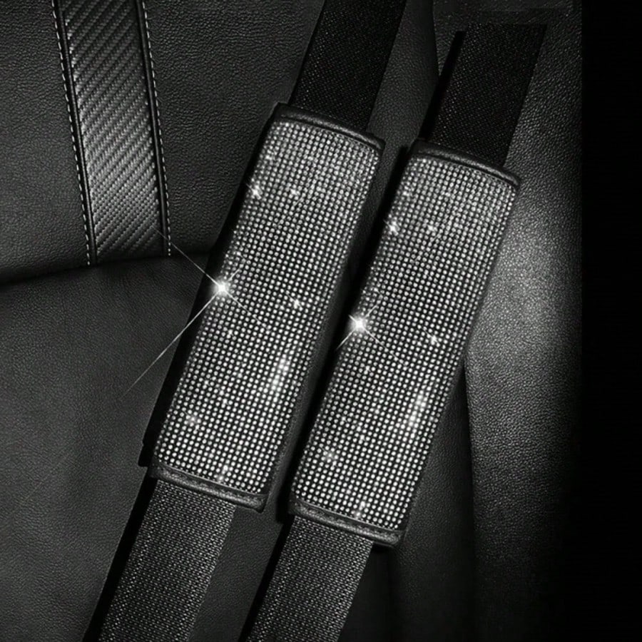 2pcs Car Seat Belt Shoulder Pads, Luxury Shiny Rhinestone Leather Material, Soft Shoulder Protection To Relieve Pressure, Universal Fit For All Car Models, Decorative And Protective Car Accessories