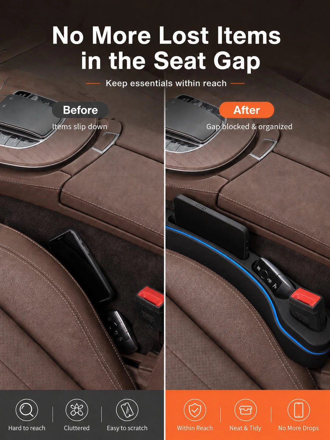 2pcs Car Seat Gap Filler, Side Gap Storage Box Between Seat And Center Console, Anti-Drop Seat Gap Filler Strip, Non-Slip Anti-Leak Gap Filler, Suitable For Phone, Keys, Coins, Universal Fit For Car