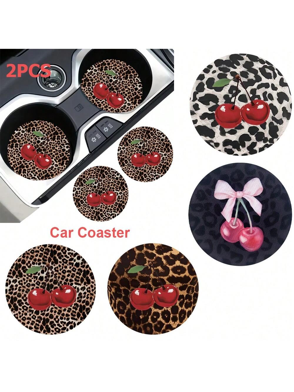 2pcs Cherry Leopard Pattern Absorbent Car Cup Coaster Stylish & Durable Fast-Drying Non-Slip Car Cup Mat
