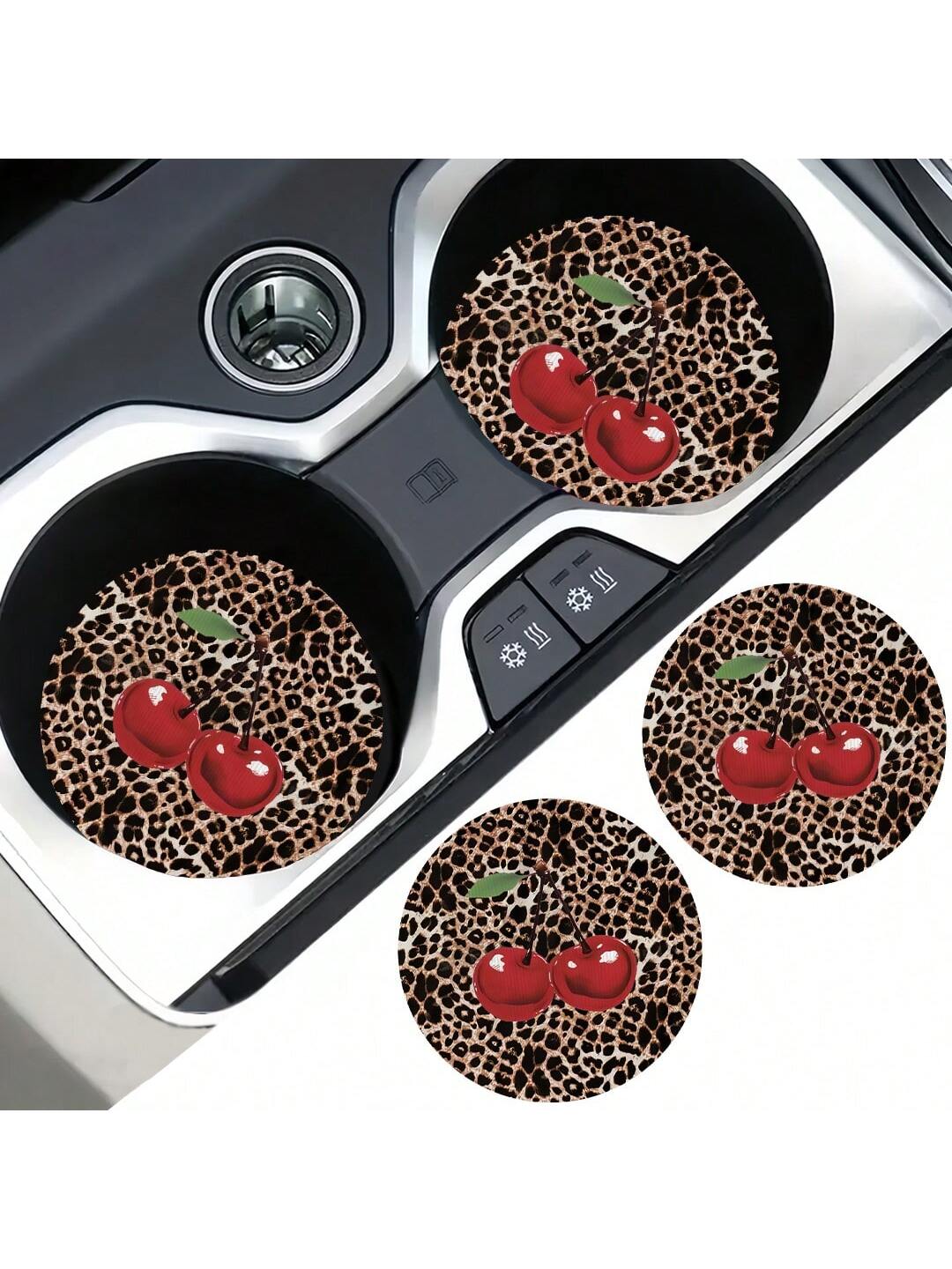 2pcs Cherry Leopard Pattern Absorbent Car Cup Coaster Stylish & Durable Fast-Drying Non-Slip Car Cup Mat