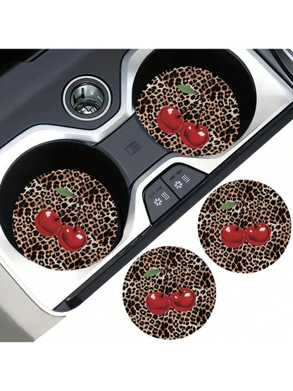 2pcs Cherry Leopard Pattern Absorbent Car Cup Coaster Stylish & Durable Fast-Drying Non-Slip Car Cup Mat
