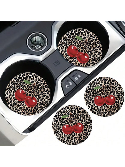 2pcs Cherry Leopard Pattern Absorbent Car Cup Coaster Stylish & Durable Fast-Drying Non-Slip Car Cup Mat