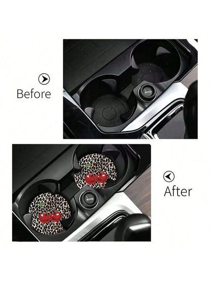2pcs Cherry Leopard Pattern Absorbent Car Cup Coaster Stylish & Durable Fast-Drying Non-Slip Car Cup Mat