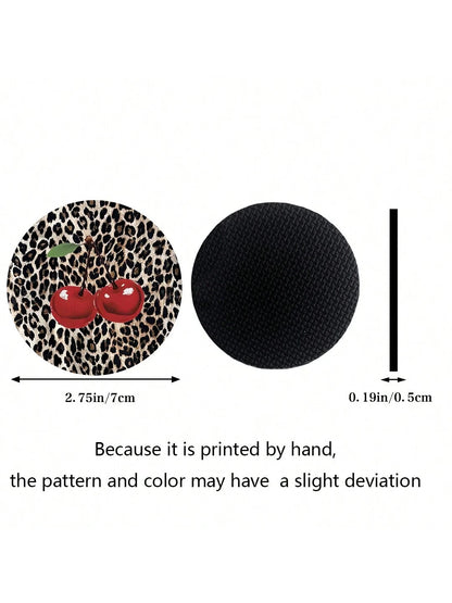 2pcs Cherry Leopard Pattern Absorbent Car Cup Coaster Stylish & Durable Fast-Drying Non-Slip Car Cup Mat