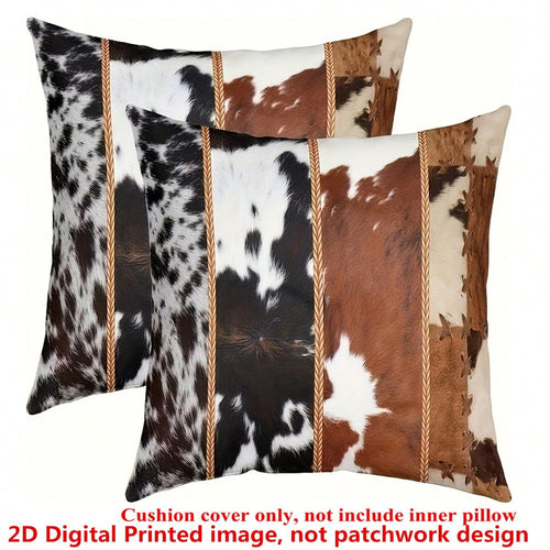 2pcs Country Style Western Cowhide Print Pillowcase, 45x45cm, Single-Sided Printing, Zipper Closure, Machine Washable, Polyester Decorative Cushion Cover, Suitable For Various Room Types Decorative Pi