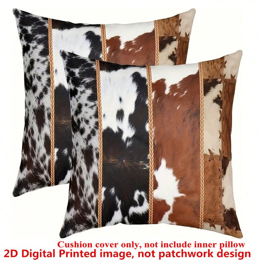 2pcs Country Style Western Cowhide Print Pillowcase, 45x45cm, Single-Sided Printing, Zipper Closure, Machine Washable, Polyester Decorative Cushion Cover, Suitable For Various Room Types Decorative Pi
