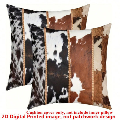 2pcs Country Style Western Cowhide Print Pillowcase, 45x45cm, Single-Sided Printing, Zipper Closure, Machine Washable, Polyester Decorative Cushion Cover, Suitable For Various Room Types Decorative Pi