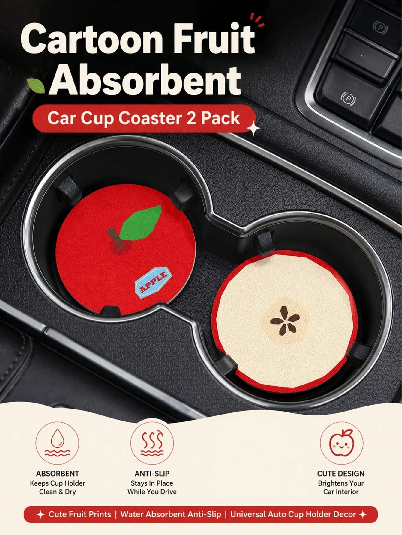 2pcs Cute Fruit Car Cup Holders, Non-Slip Absorbent Scratch-Resistant Universal Cup Coasters, Creative Cute Car Interior Decoration Accessories