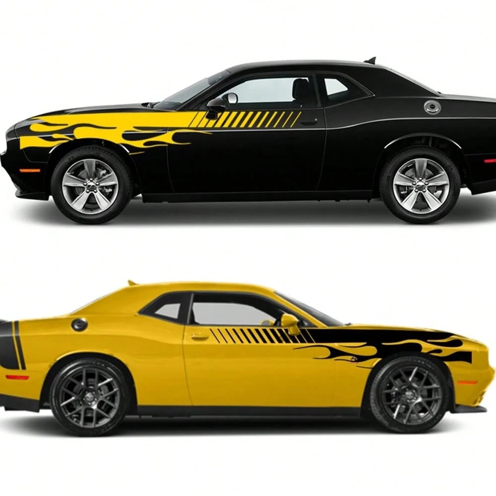 2Pcs Flame Sports Racing Side Skirt Decals, Universal Self-Adhesive Car Side Stripe Stickers For Car SUV Off-Road Vehicles
