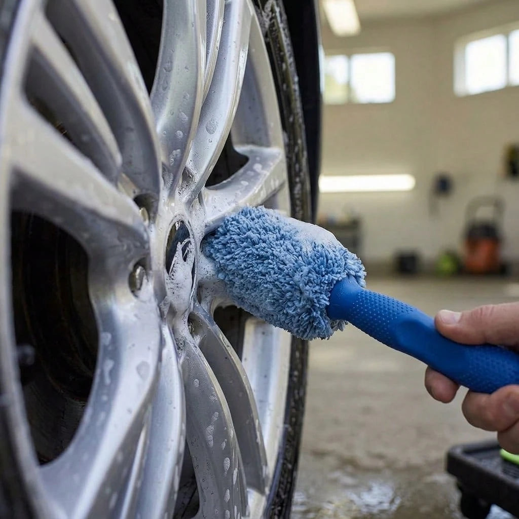 2Pcs Garage Cleaning Tool Brushes, Long Handle Microfiber Wheel Brushes For Car Engine Exhaust Rim Daily Care