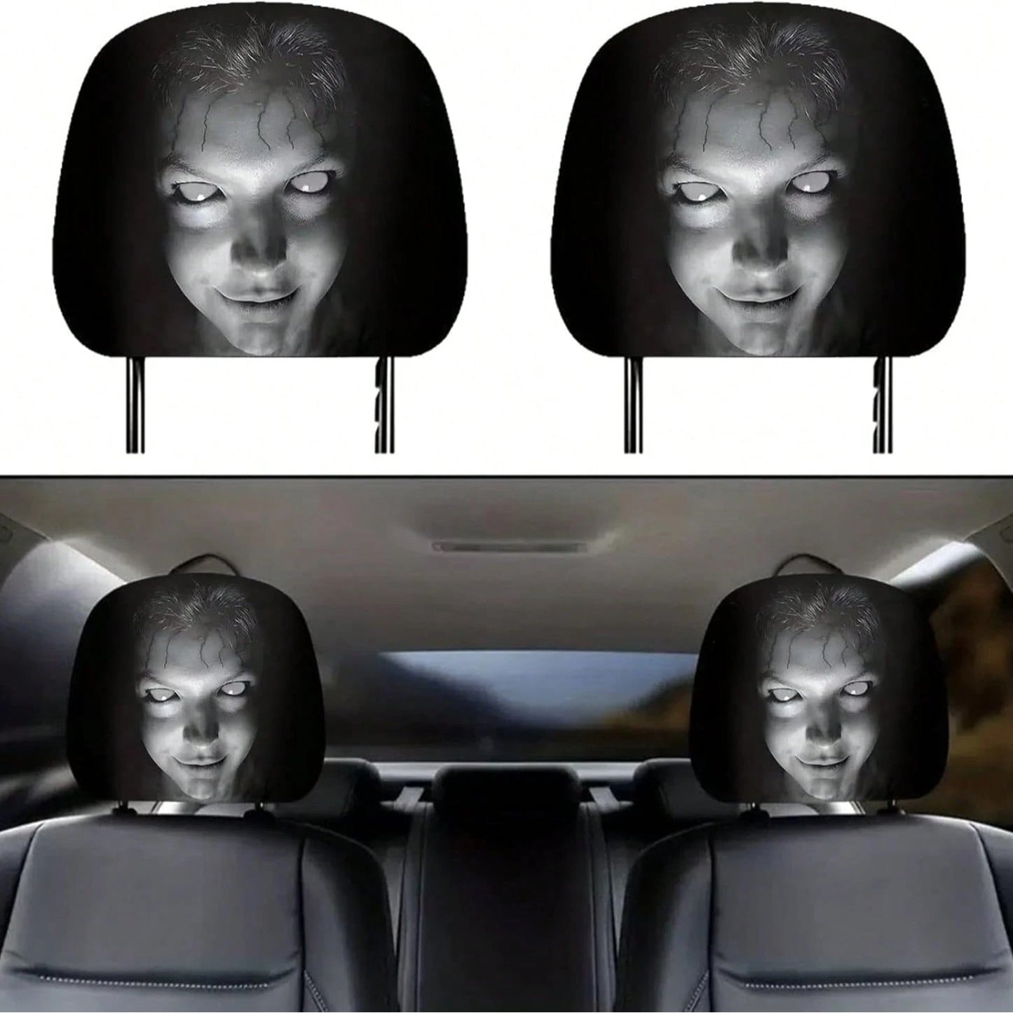 2PCS Ghost Face Headrest Covers, Scary Face Printing Auto Seat Universal Elastic Models Headrest Protector