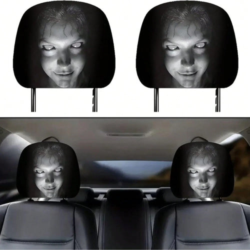 2PCS Ghost Face Headrest Covers, Scary Face Printing Auto Seat Universal Elastic Models Headrest Protector