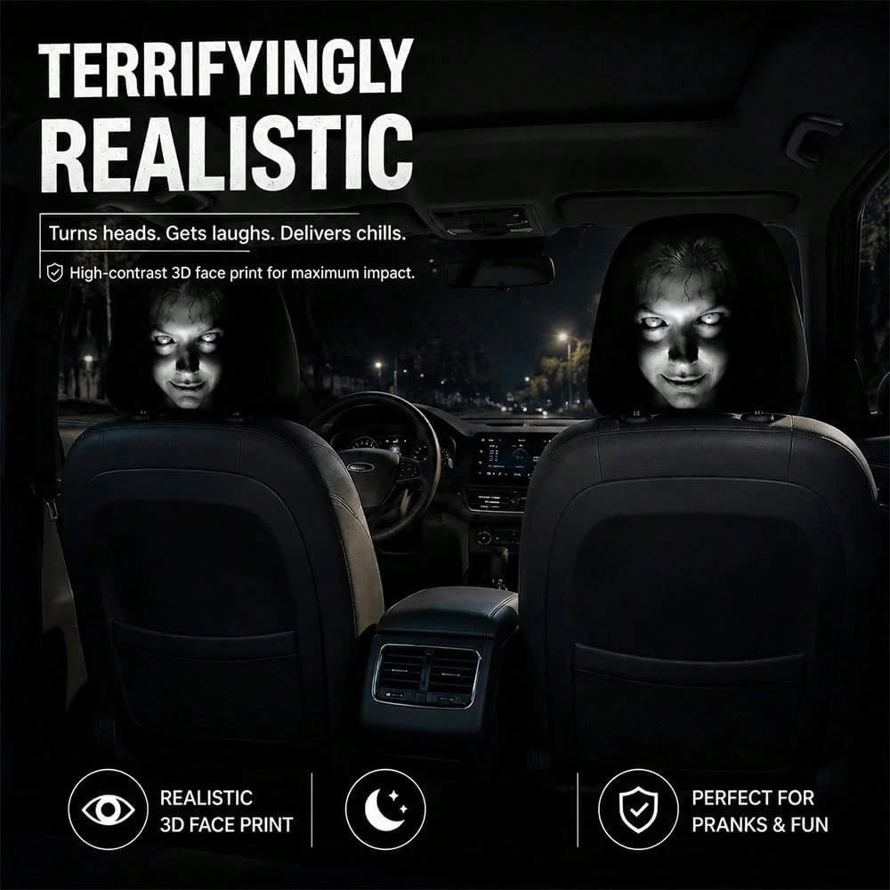 2PCS Ghost Face Headrest Covers, Scary Face Printing Auto Seat Universal Elastic Models Headrest Protector