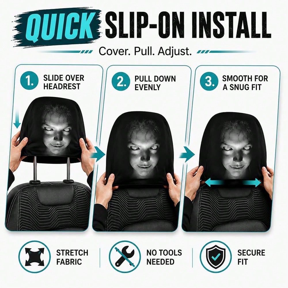 2PCS Ghost Face Headrest Covers, Scary Face Printing Auto Seat Universal Elastic Models Headrest Protector