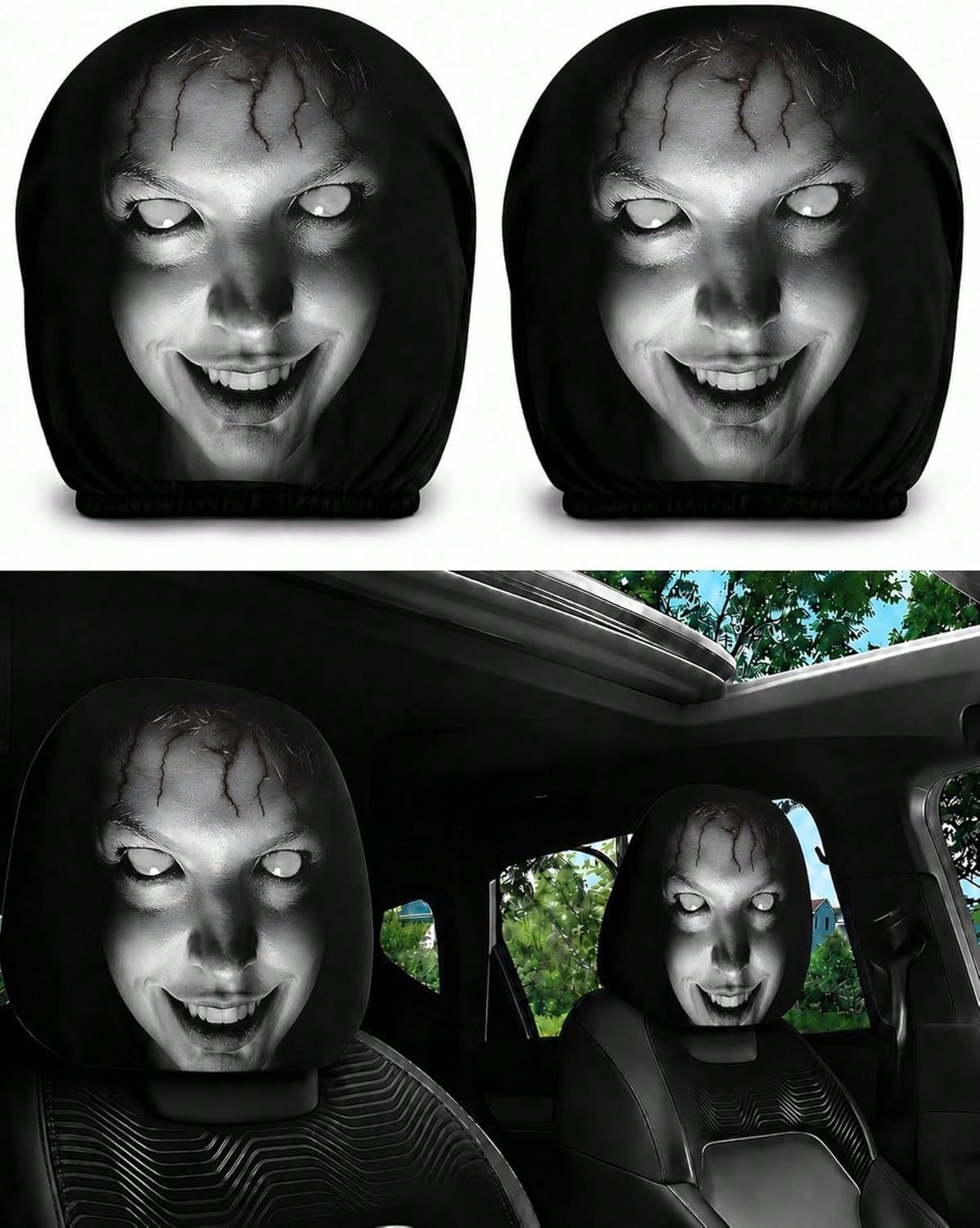 2PCS Ghost Face Headrest Covers, Scary Face Printing Auto Seat Universal Elastic Models Headrest Protector