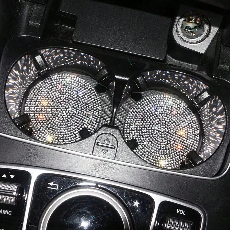 2pcs Glitter Car Cup Holder Inserts, Rhinestone Silicone Non-Slip Cup Coasters, Universal Round Car Cup Holder Inserts, Women's Car Interior Accessories