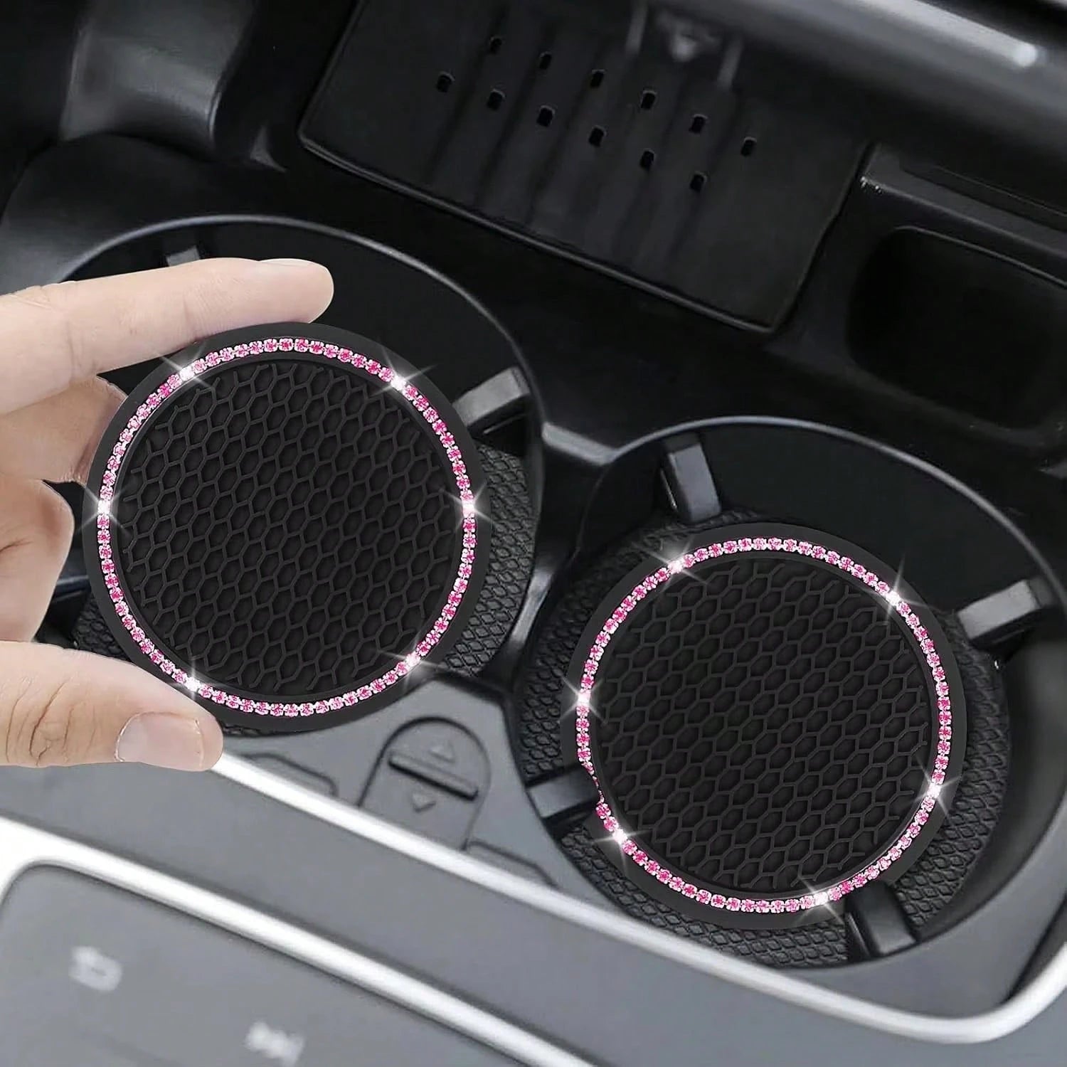 2pcs Glitter Car Cup Holder Inserts, Rhinestone Silicone Non-Slip Cup Coasters, Universal Round Car Cup Holder Inserts, Women's Car Interior Accessories