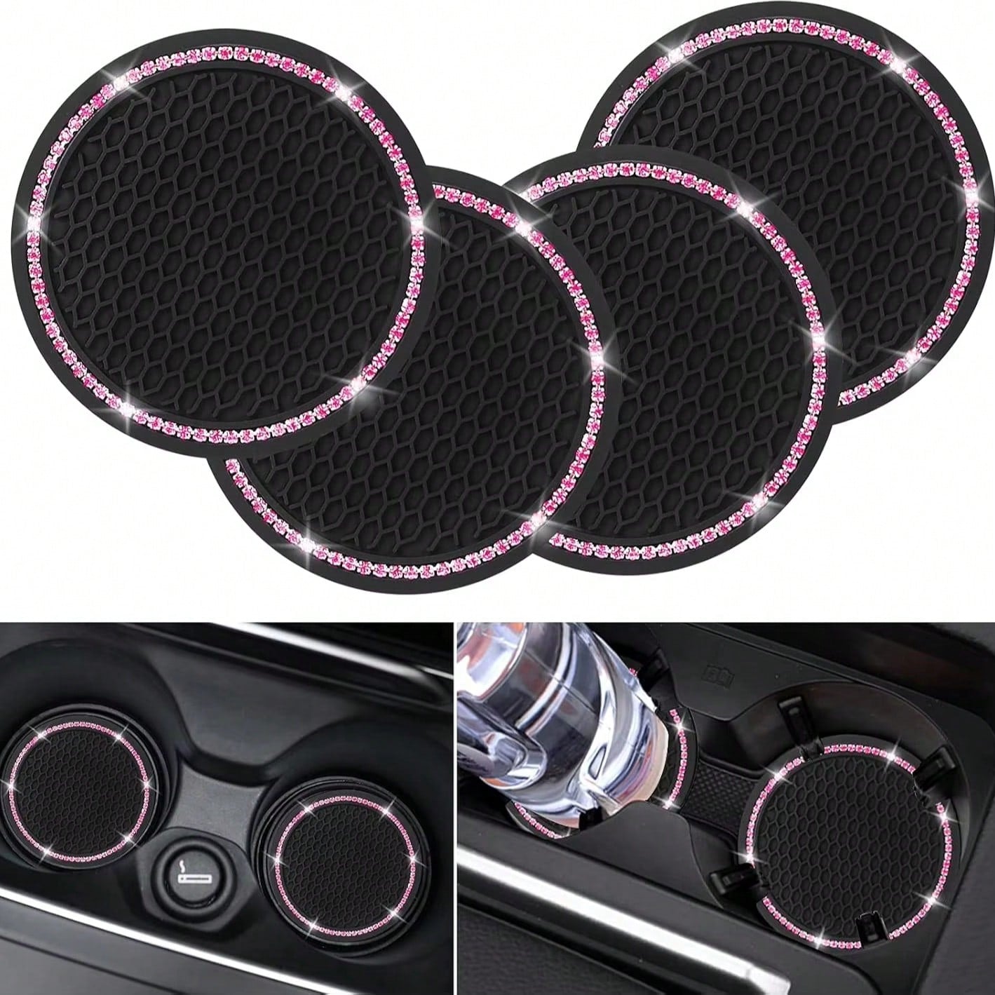 2pcs Glitter Car Cup Holder Inserts, Rhinestone Silicone Non-Slip Cup Coasters, Universal Round Car Cup Holder Inserts, Women's Car Interior Accessories