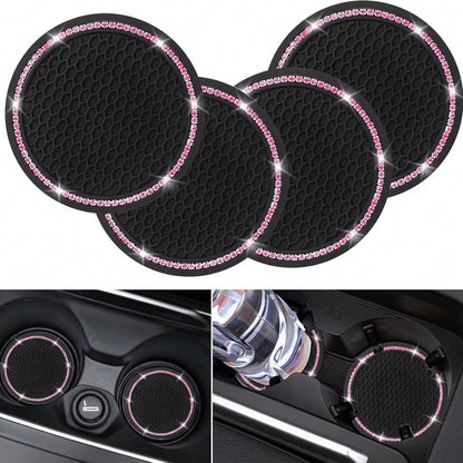 2pcs Glitter Car Cup Holder Inserts, Rhinestone Silicone Non-Slip Cup Coasters, Universal Round Car Cup Holder Inserts, Women's Car Interior Accessories