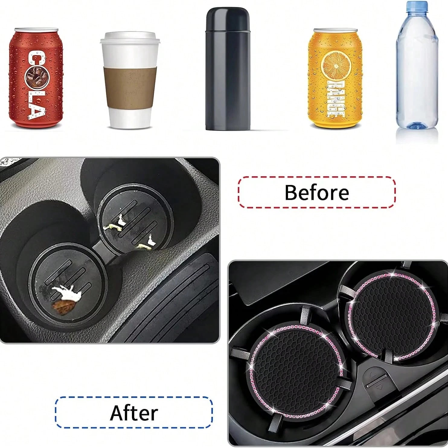 2pcs Glitter Car Cup Holder Inserts, Rhinestone Silicone Non-Slip Cup Coasters, Universal Round Car Cup Holder Inserts, Women's Car Interior Accessories