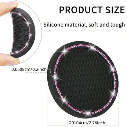 2pcs Glitter Car Cup Holder Inserts, Rhinestone Silicone Non-Slip Cup Coasters, Universal Round Car Cup Holder Inserts, Women's Car Interior Accessories