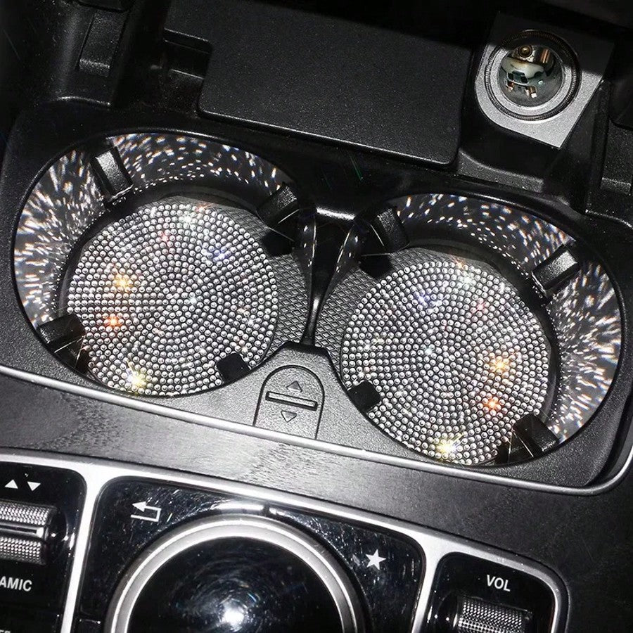 2pcs Glitter Car Cup Holder Inserts, Rhinestone Silicone Non-Slip Cup Coasters, Universal Round Car Cup Holder Inserts, Women's Car Interior Accessories
