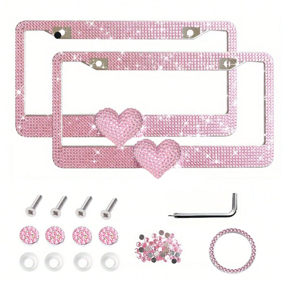 2PCS Glitter Diamond License Plate Frame Set, Stainless Steel Rhinestone Frame With Sparkling Screw Caps, Multi-Color Pink Heart Design, Girls Car Decor Accessories, Easy Install & Durable, Personaliz